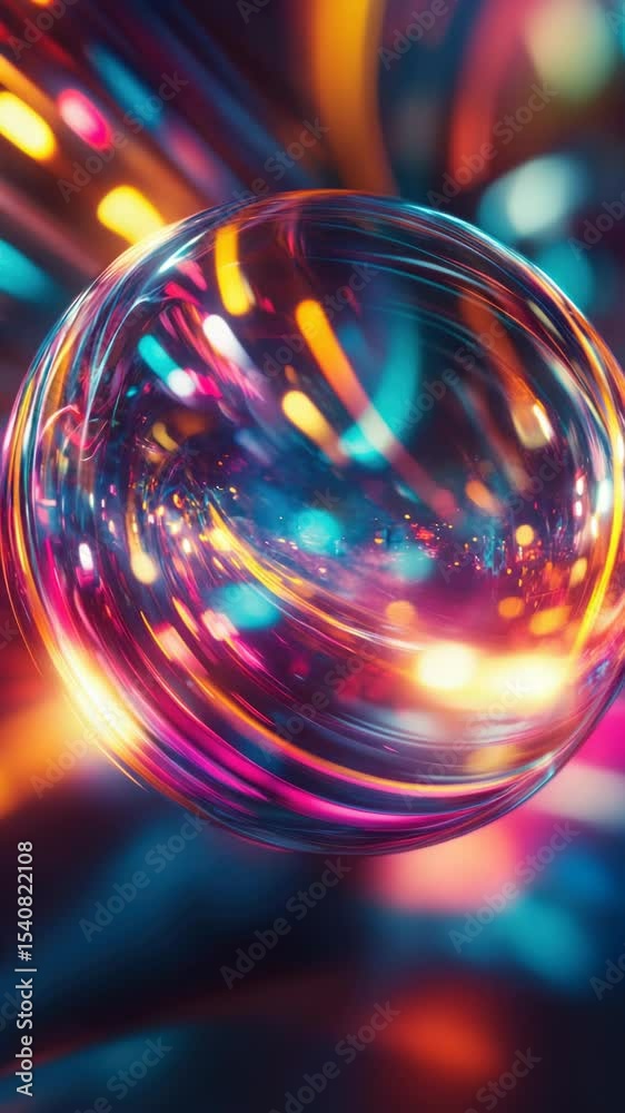 Poster a close-up shot of a glass ball with colorful lights in the background, perfect for use in festive o