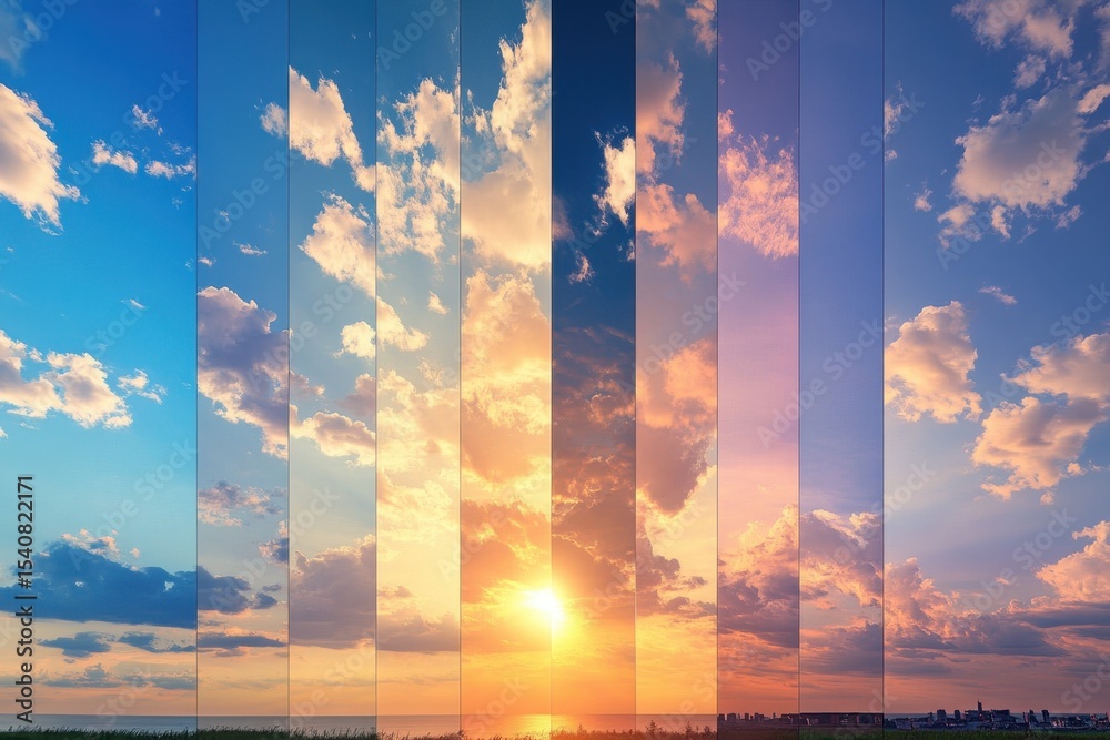 Poster Timelapse of clouds transitioning from day to night over the horizon, clouds weather multi screen timelapse