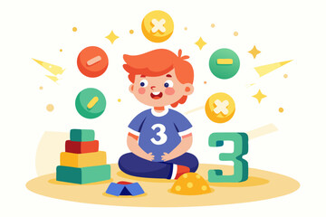 Fototapeta premium Little student counting toys surrounded by shining numbers on white background with sand texture and light sunlight