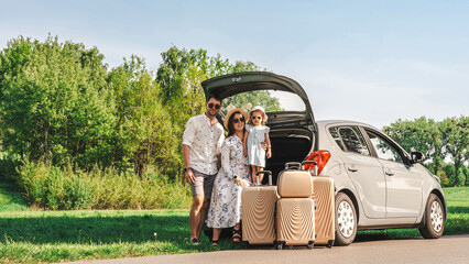 Family with child. Travel by car journey. Luggage sunshine weekend cheerful.