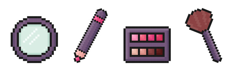 cosmetics pixel art set of icons, makeup products, mirror, pencil, eyeshadow, makeup brush, 8 bit, old arcade game style, icons for mobile app, retro, vector illustration