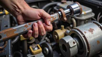 Mechanic using a wrench on machinery with rusted metal components  