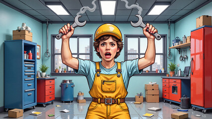 Young woman in yellow overalls holding wrenches in workshop  