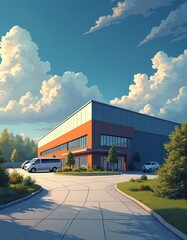 Obraz premium Modern warehouse exterior with blue sky background. Industrial building, delivery vans parked. Distribution center. Warehouse facility with loading docks. Logistics, supply chain concept. Sunny day.
