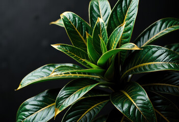 Fototapeta premium Close-up of a lush green plant with glossy leaves against a dark background