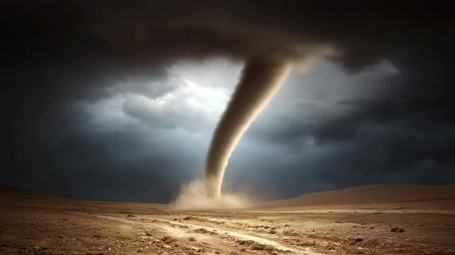 A powerful funnel cloud twists from dark thunderheads onto a dusty plain. Concept of extreme weather and raw natural force.