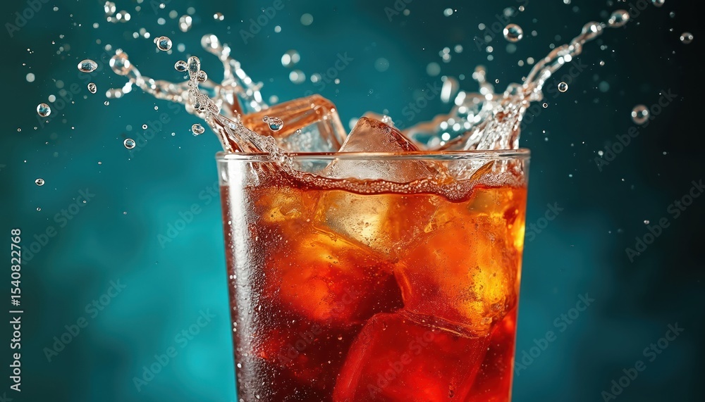 Poster Dynamic drink splash with ice cubes, creating vibrant refreshing scene. Cold beverage in glass with high contrast water droplets, transparent ice. Refreshing drink, party. Drink commercial