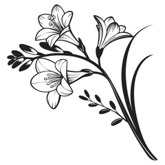 A monochrome floral sprig with blossoms and leaves shows delicate line work and elegance