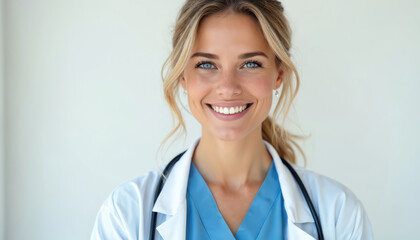 Portrait of smiling female doctor with blonde hair, blue eyes. Healthcare pro wears uniform with stethoscope. Confident, approachable, ready help patient. Medical worker in hospital, clinic, office.