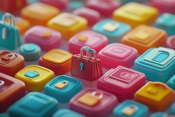 Colorful digital icons showcasing online shopping and data protection, Processing data, discovering database over digital shopping icons and locks