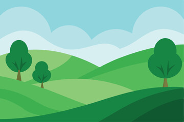 Obraz premium Lush green summer landscape with trees, hills, and a blue sky with clouds