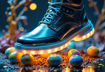 Futuristic illuminated black leather boot surrounded by colorful eggs on a textured surface
