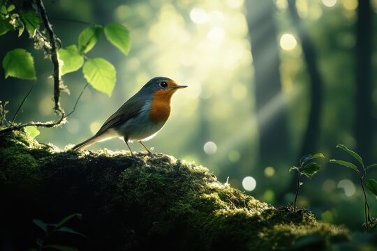 Redbreasted flycatcher perched on moss in a sunlit forest during early morning, Red-breasted flycatcher (Ficedula parva) in forest