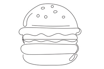 Line Art Burger Sandwich Sketch Illustration. One Continuous Outline Wavy Contour Drawing. Stroke Modern Doodle Food Symbol Icon. Cafe Menu Card Invitation Sketch Contour Design Element. 