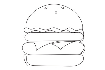 Line Art Burger Sandwich Sketch Illustration. One Continuous Outline Wavy Contour Drawing. Stroke Modern Doodle Food Symbol Icon. Cafe Menu Card Invitation Sketch Contour Design Element. 