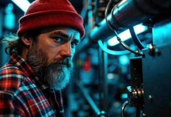 A male scientist with a beard and red beanie working in a high-tech laboratory environment
