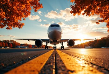 Commercial airplane on runway during sunset with autumn trees and clear sky
