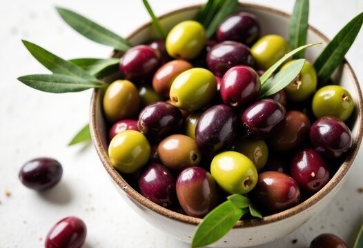 Fresh mixed olives with green leaves in a wooden bowl on a white surface