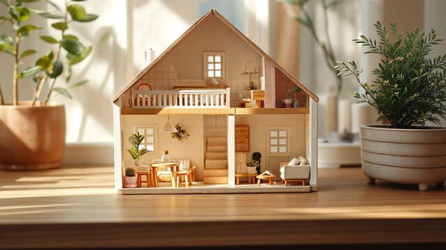 Miniature doll house interior with tiny furniture and decor arranged in warm cozy living space