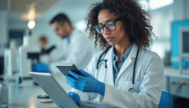Focused scientist woman works medical project laboratory. Doctor uses tablet laptop devices for research. Health worker wearing white coat, stethoscope, gloves. Modern tech equipment, medical