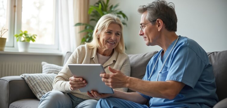Nurse consults senior woman on sofa using tablet at home. Medical caregiver talking to elderly patient with technology for advice. Healthcare concept for communication assistance, wellness, health.