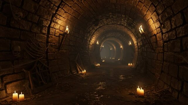 Stone tunnel with candlelight and arched brick walls creates a historic underground texture