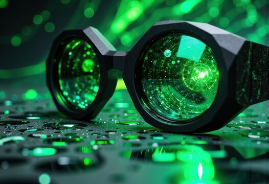 Futuristic green holographic glasses with digital interface reflections on a keyboard