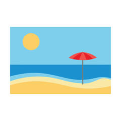 Tropical summer beach scene with a colorful umbrella shading the sand and the vast blue sea under a clear sky, perfect for a relaxing vacation