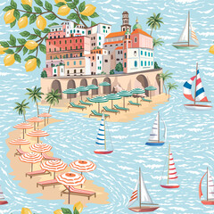 Amalfi coast, Italian town, beach, lounge chair, umbrella, sailboat, lemon tree, palms, sea wave, island seamless pattern. Summer Mediterranean wallpaper.