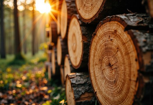 Stacked logs in a forest with sunlight shining through trees during sunset
