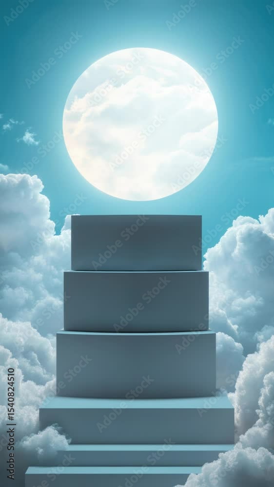 Poster A serene scene with a white platform floating in the clouds under a bright full moon