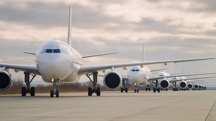 Naklejka premium Several commercial airplanes lined up on airport tarmac at sunset. 