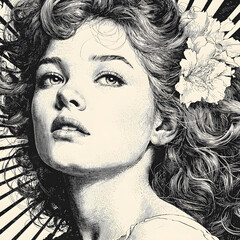 Fototapeta premium beautiful young woman with retro curls, flower in her hair, and sunburst background detail sketch engraving generative ai fictional character raster illustration. Scratch board. Black and white image.
