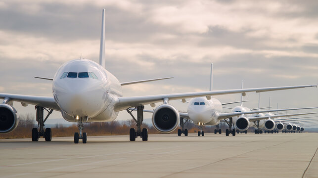 Several commercial airplanes lined up on airport tarmac at sunset.
