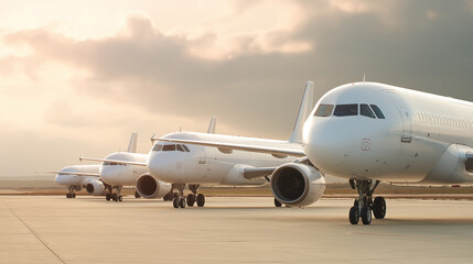 Several commercial airplanes lined up on airport tarmac at sunset.
