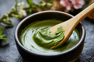 Natural green clay mask preparation in a rustic bowl with wooden spoon and fresh botanical elements