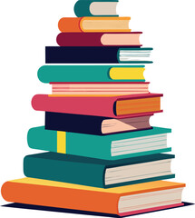 pile of books with vibrant covers in clipart illustration style, educational and playful vector on white
