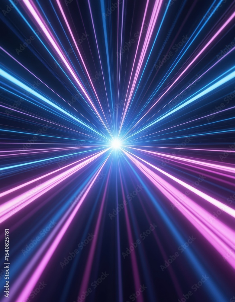 Poster abstract 3d render of blue purple light lines in dark space. hyper speed warp effect creates tunnel,