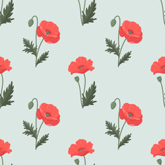 Poppies seamless vector pattern. Bright various poppies in flat style