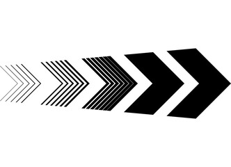 Vector arrow, black on white background. Striped design element. Direction indicator, Navigation, Dynamic sports pattern. Vector background