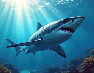 Obraz premium Realistic illustration Great White swims ocean depths. Amazing underwater view, blue water, sunlight, coral reef, wild life, marine predator, wildlife. Danger, deep ocean, marine animal, aquarium.