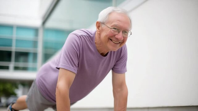 A smiling senior caucasian man holds a strong plank position in an outdoor setting. Concept of active aging and lifelong fitness.
