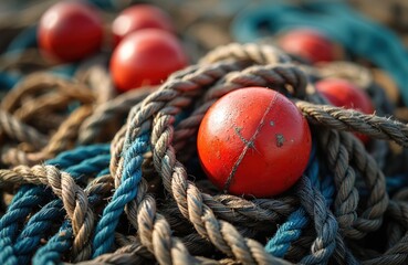 Close-up of red float ball on ropes. Nautical themed image. Braided ropes in brown and blue colors. Sea fishing industry, marine equipment, boat detail.