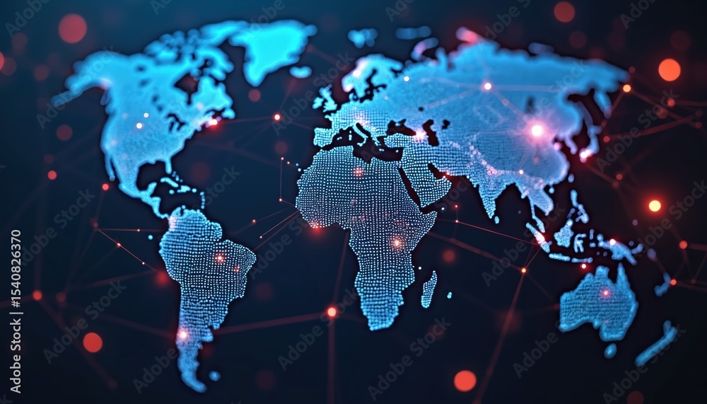 Poster digital representation of earth with network connections, red dots, glowing lines. global cyberspace