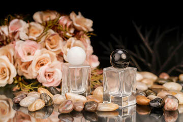 Romantic and luxurious beauty scene with floral and perfume elements.