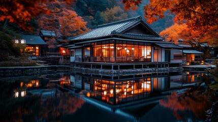 Obraz premium A tranquil scene of a traditional Japanese house reflected in calm water, surrounded by autumn foliage. The serene setting captures the essence of peaceful, rural beauty.