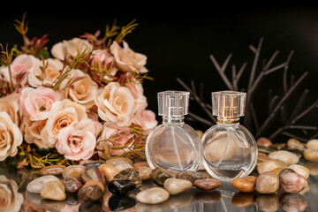 Romantic fragrance bottles styled with soft pink flowers and decorative stones.
