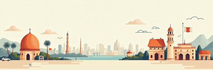 Obraz premium A vibrant panoramic illustration featuring iconic city landmarks, skyscrapers, mountains, and serene waters, showcasing a blend of modern and historical architecture.