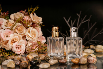 Chic perfume bottle composition, showcasing romance and elegance.