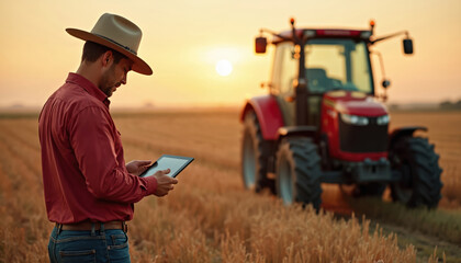 Farmer using digital tablet in field. Agriculture tech, tractor at sunset. Modern farming, eco-friendly smart farm, soil analysis. Innovative approach to rural eco business.